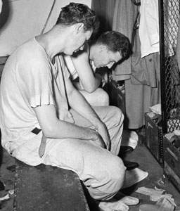 Ted Williams and Mickey Harris dejected.